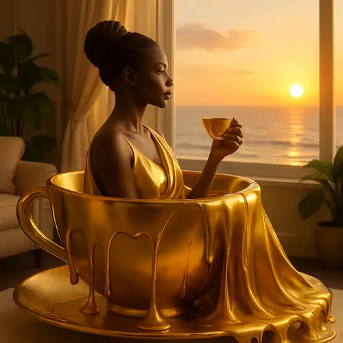 Elegant Black Woman in Luxurious Golden Teacup Art