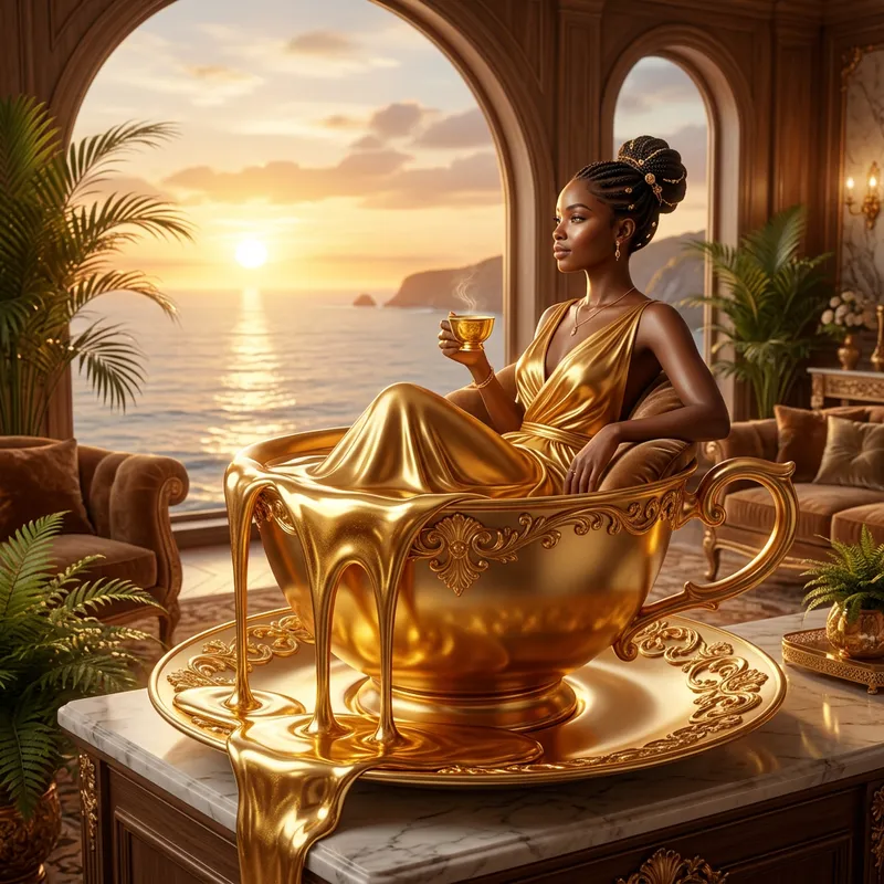 Elegant Black Woman in Luxurious Golden Teacup Art