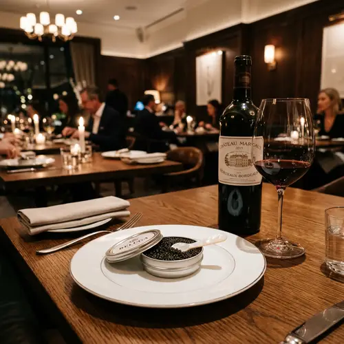 Luxurious Black Caviar Platter with Bordeaux Wine