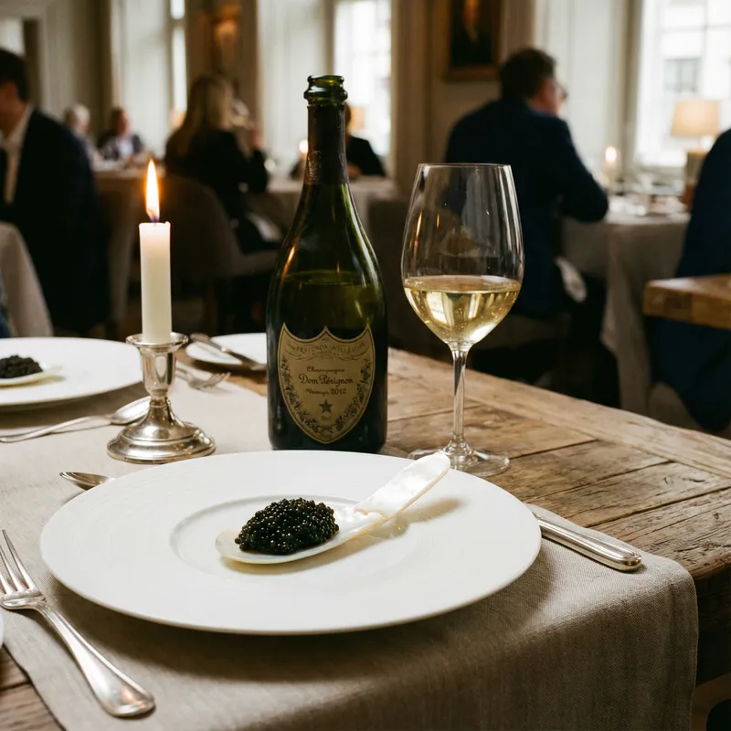 Black Caviar and Wine Plate with Candlelight in Elegant Setting