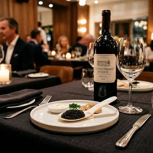 spoon of black caviar on white elegant plate with wine bottle and wine glass, restaurant setting