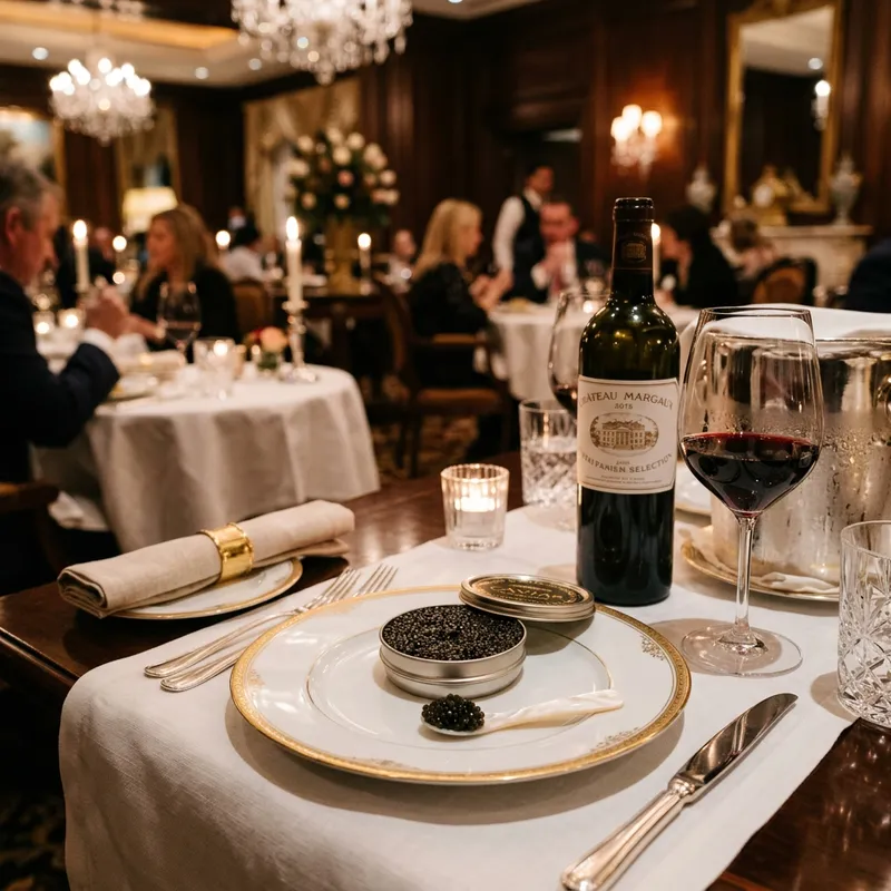 Luxury Black Caviar and Wine Presentation on White Plate