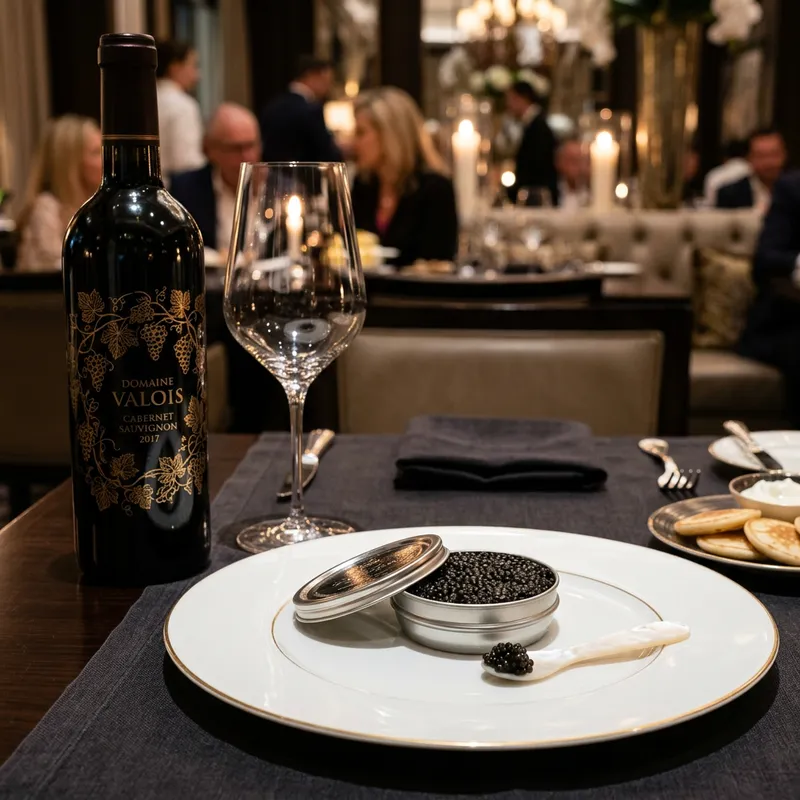 Exquisite Black Caviar Presentation with Wine Pairing Exquisite Black Caviar Presentation with Wine Pairing