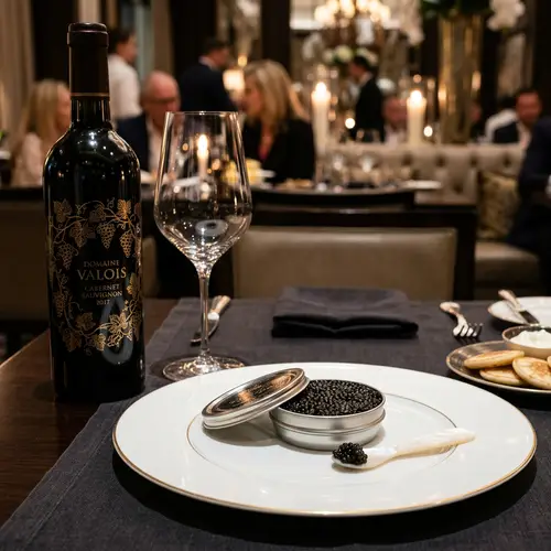 Luxurious Dining Experience with Black Caviar and Red Wine
