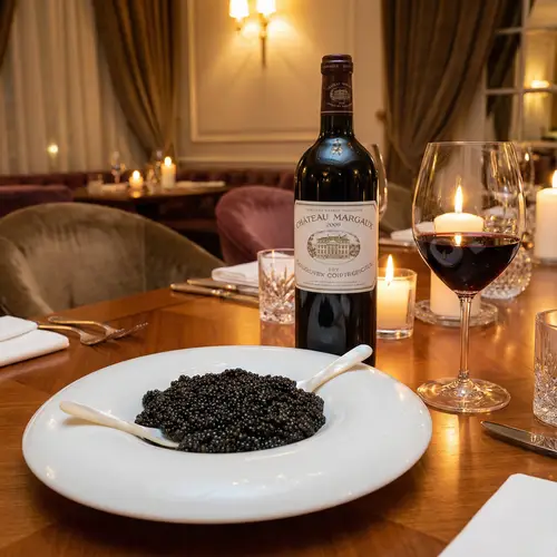 Luxurious Restaurant Setting with Caviar, Red Wine, and Ambiance