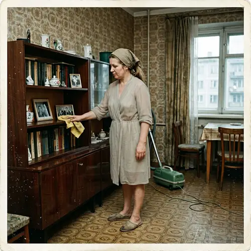 Vintage Photograph of a 1978 Moscow Housewife Cleaning Apartment