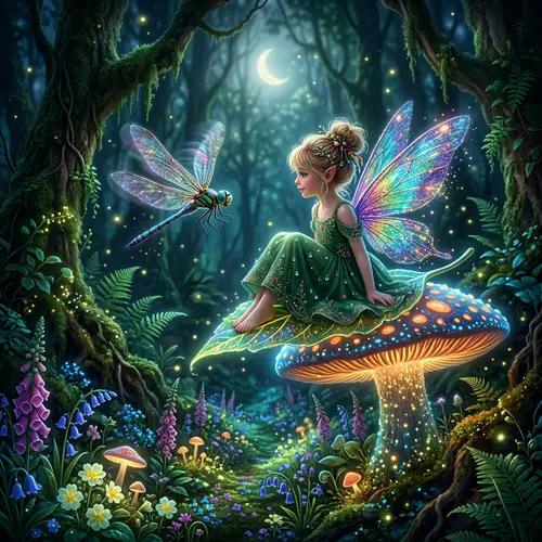 Enchanting Fairy Tale Scene on Giant Mushroom Leaf