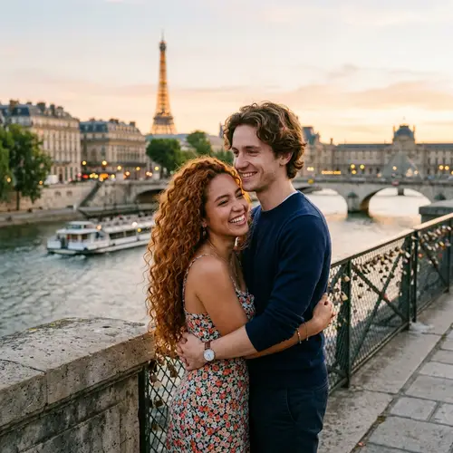 Colombian Girl & French Boy Embracing at Seine River | Paris