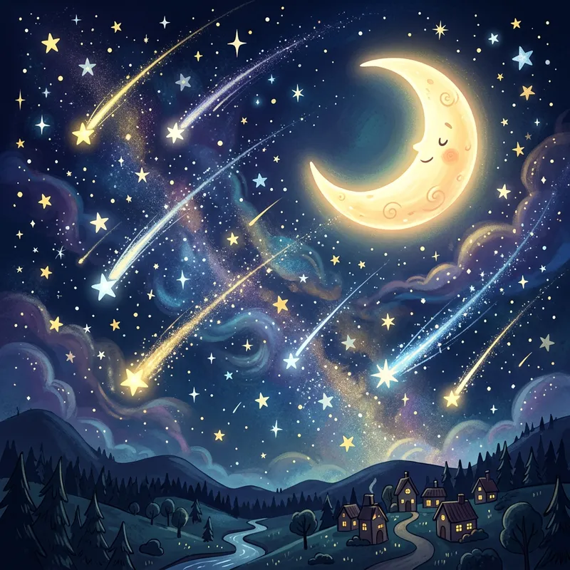 Cartoon Moon Night Sky | Radiant Moon, Shooting Stars