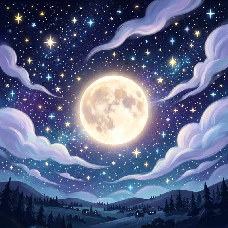 Cartoon Moon Night Starry Sky - Enchanting Celestial Scene