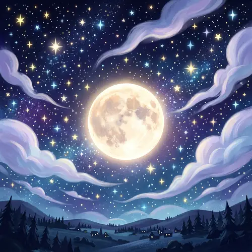 Cartoon Moon Night Starry Sky - Magical Animated Night Scene
