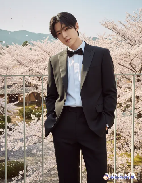 Groom's Black Tuxedo with Cherry Blossoms Background
