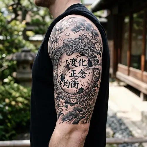 Japanese Half Sleeve Tattoo - Ouroboros & Cherry Blossoms