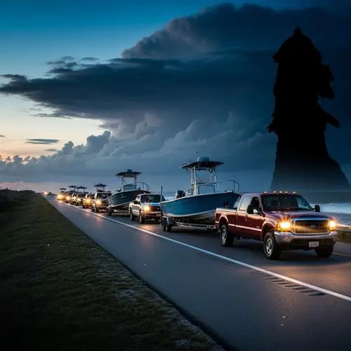 Pickups Towing Boats Towards a Hurricane