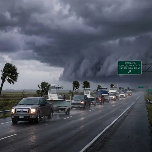 Pickups Towing Boats Towards a Hurricane