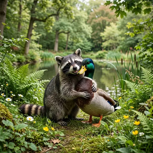 Peaceful Raccoon and Duck Embrace in Natural Setting