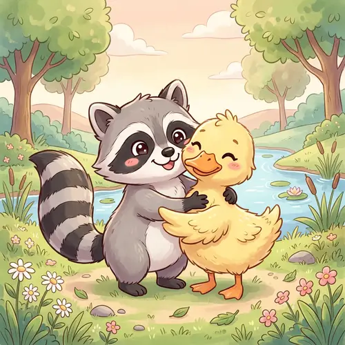 Cute Raccoon and Duck Hugging | Heart-Warming Friendship Illustration