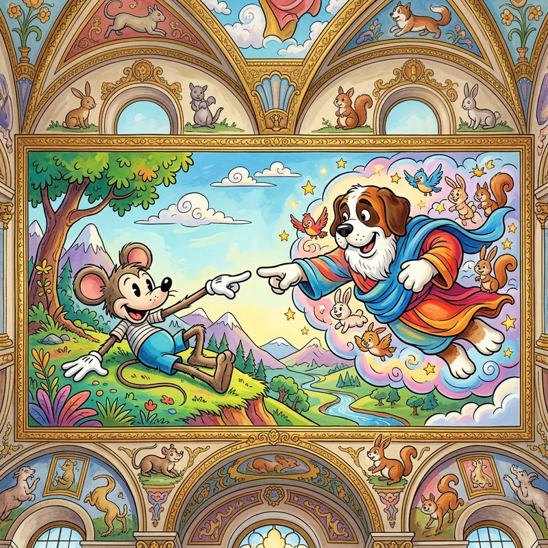 Playful Cartoon Characters Recreating Sistine Chapel's God and Adam