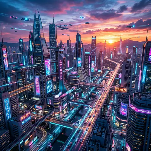 Futuristic City Skyline at Sunset | Cyberpunk Urban Scene