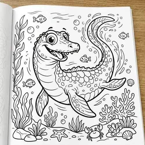 Cute and Funny Black and White Mosasaur Coloring Book Page