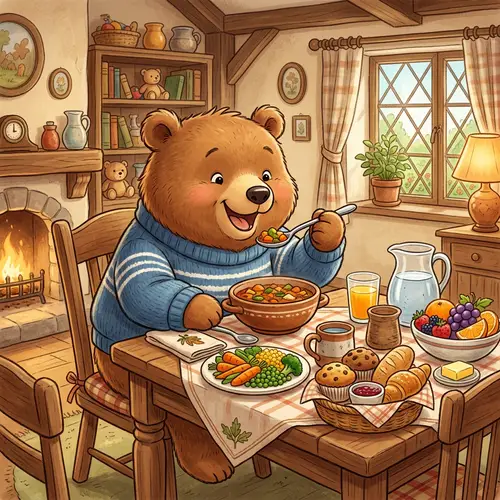 Adorable Cartoon Bear Enjoying Hearty Meal | Whimsical Dining Scene