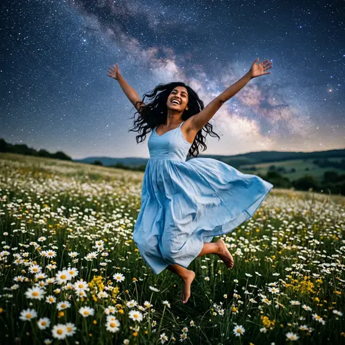 Happy South Asian Person Surrounded by Starry Night and Daisies