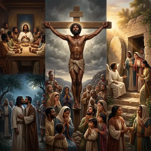Holy Week Events with Black Jesus: Scenes of Last Supper, Crucifixion, Resurrection