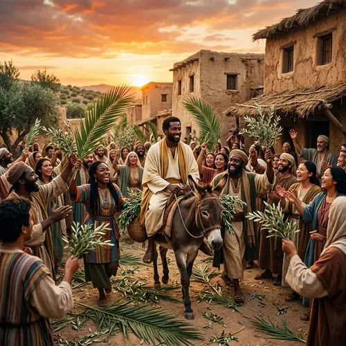 Black Jesus on Donkey: Palm Sunday Celebration with Diverse Crowd