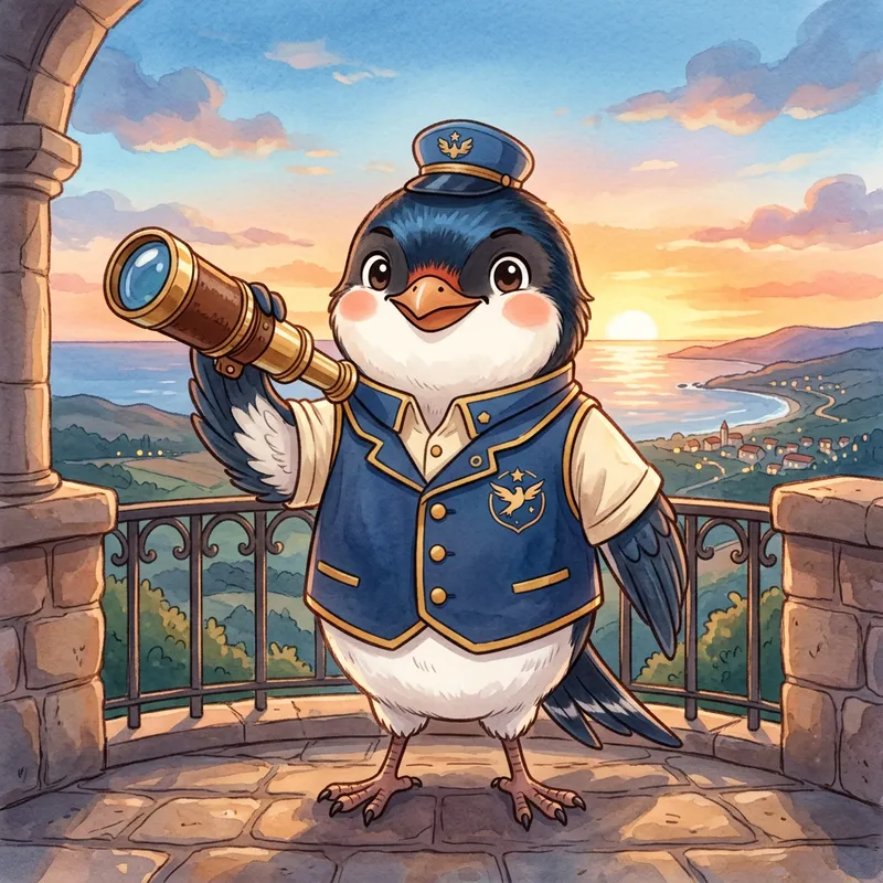 Cute Anthropomorphic Swallow in Uniform with Telescope | DynamicBirds