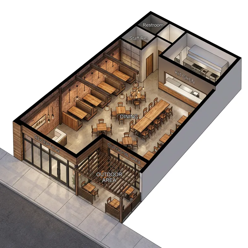 Elegant 3D Restaurant Design for 600 sqft Layout