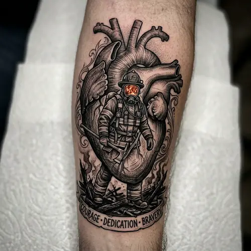 Heart Muscle Tattoo with Firefighter and Flames Design