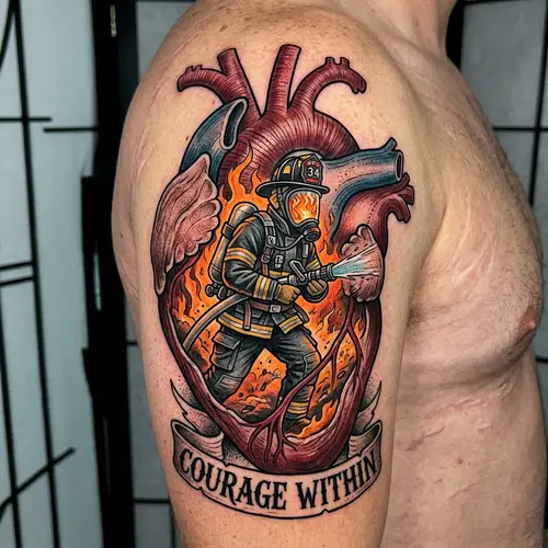 Heart Muscle Tattoo with Firefighter Battling Flames Inside