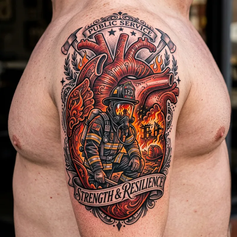 Heart Muscle Fireman Tattoo | Symbol of Resilience & Duty Heart Muscle Fireman Tattoo | Symbol of Resilience & Duty