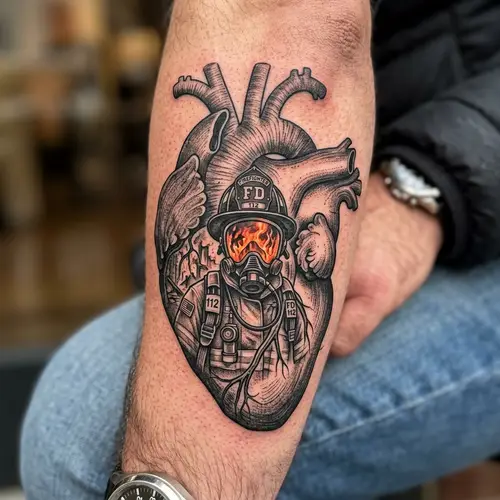 Heart Muscle Tattoo with Firefighter in Respirator Mask