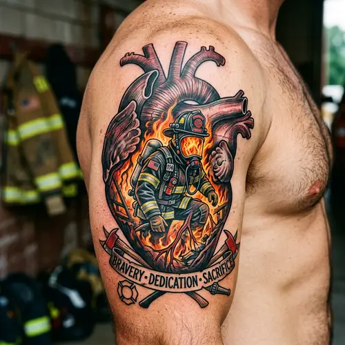 Heart Muscle Tattoo with Firefighter and Flames