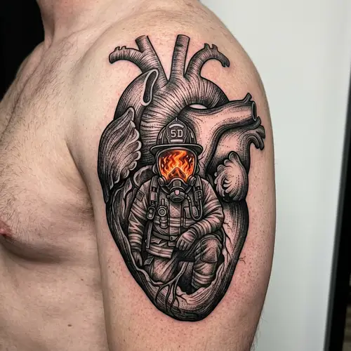 Heart Muscle Tattoo with Firefighter and Flames