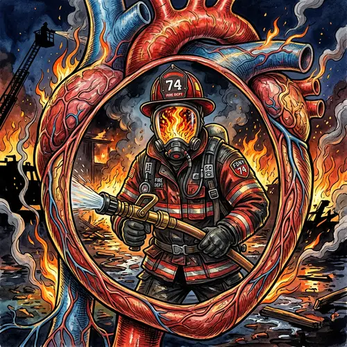 Firefighter in Heart Muscle | Vibrant Flames Artwork