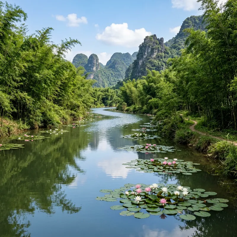 Tranquil River with Bamboos, Water Lilies, and Rocks - Peaceful Nature Scene