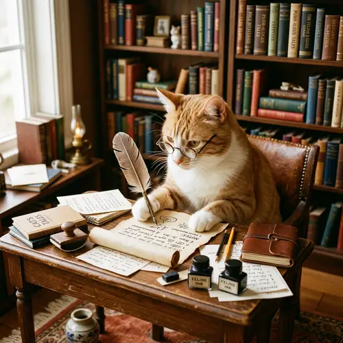 Hard-Working Cat: Studious Feline at Desk with Feather Quill Pen