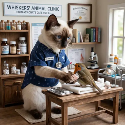 Whimsical Cat Doctor: Compassionate Healer Scene