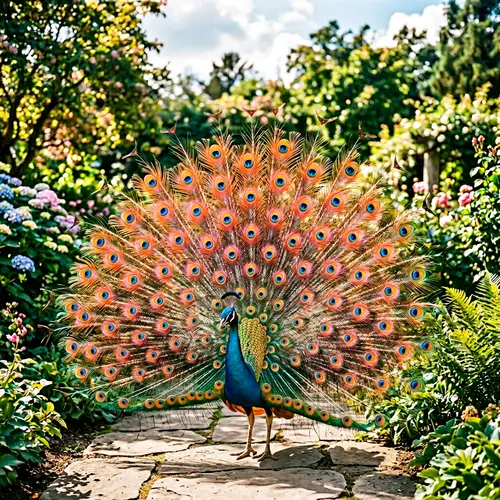 Vivid Orange, Soft Pink, Striking Blue & Yellow Tail Peacock