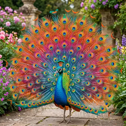 Extravagant Peacock Displaying Orange, Pink, Blue & Yellow Tail Feathers