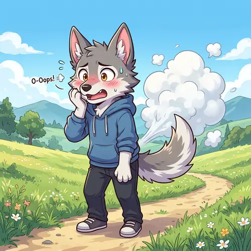 Anime Style Wolf Character Emitting White Gas - Humorous Illustration