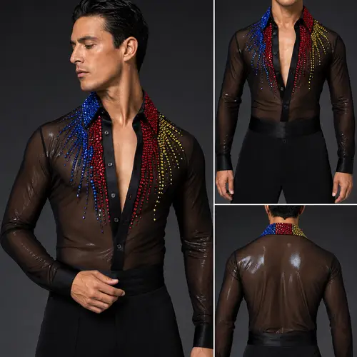 Men's Sheer Black Dance Shirt with Colorful Accents