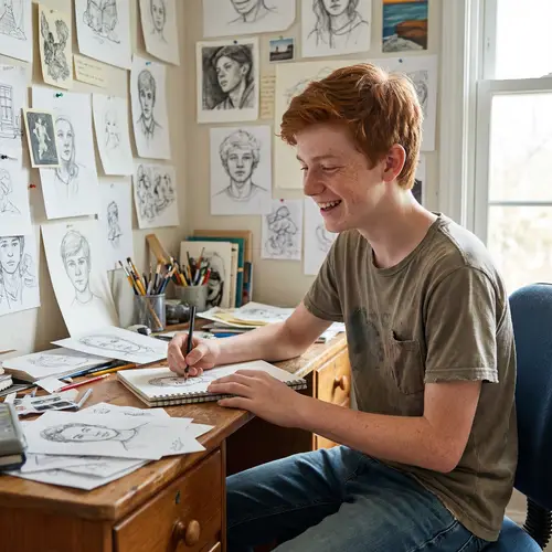 Creative Boy Drawing in His Colorful Room
