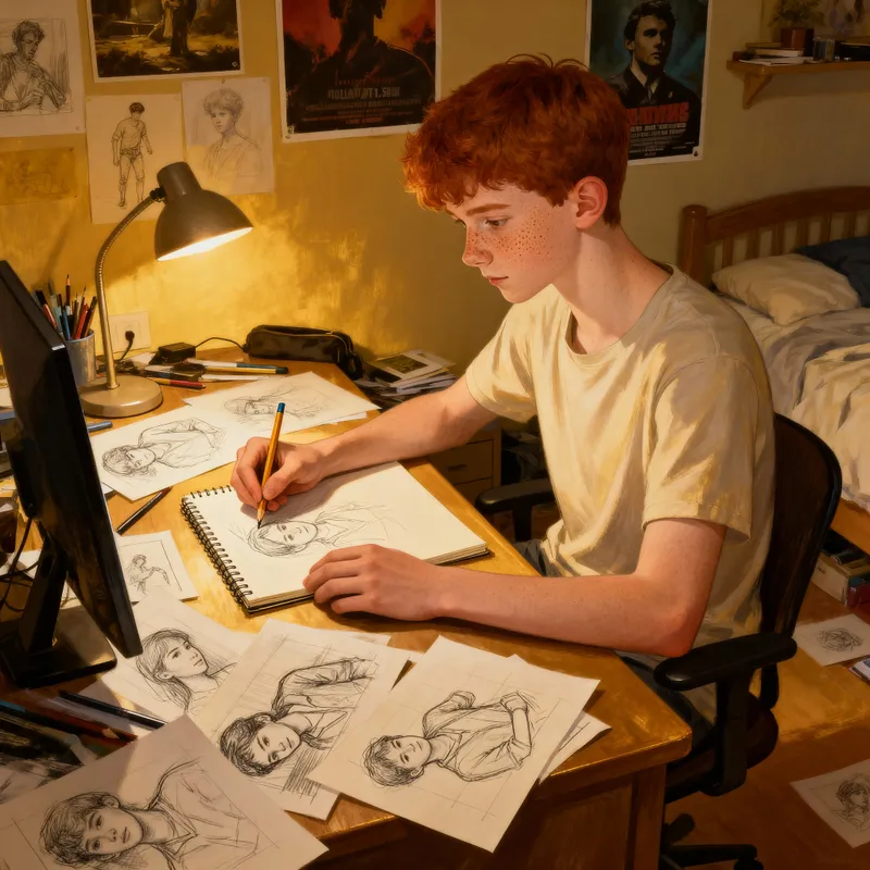 Creative Boy Drawing in His Colorful Room