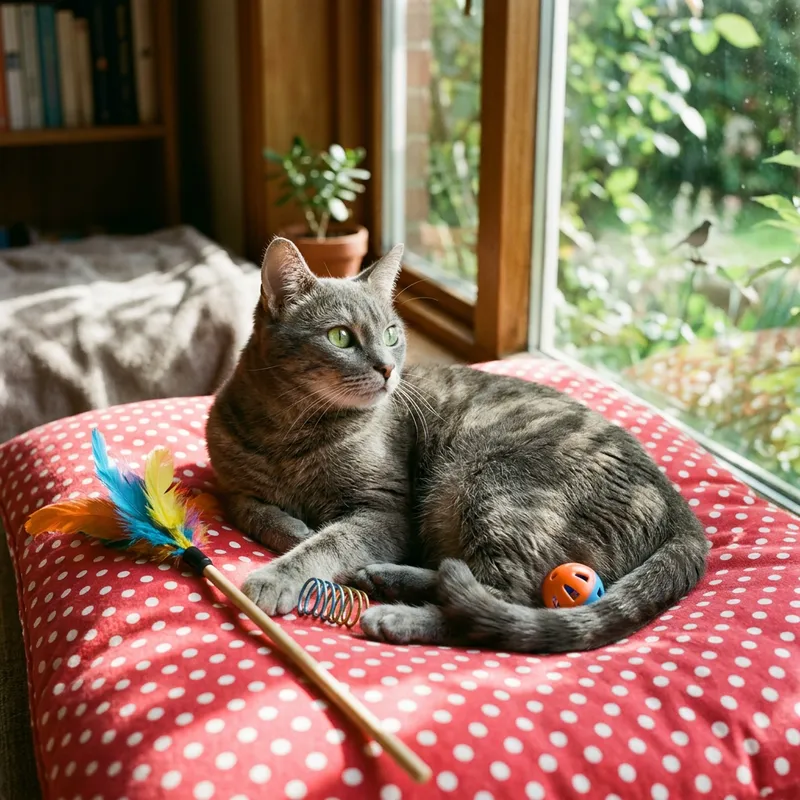 Adorable Grey Cat Napping on Red Cushion