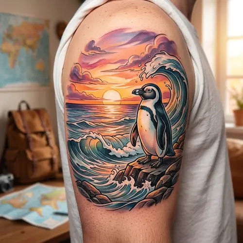 Travel-Inspired Penguin Tattoo Design