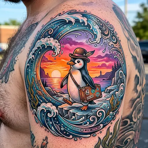 Intricate and Colorful Penguin Tattoo Design with Sunset and Wave
