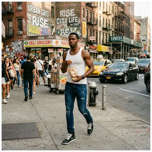 Athletic African-American Man Walking in Vibrant Urban Street